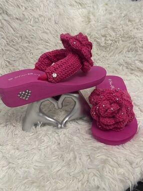 🌸. #5015. Pink Crochet Flower Platform Flip Flops